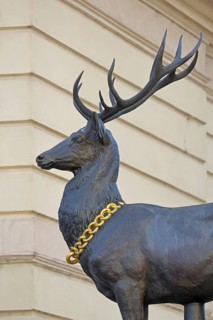 Stag column with stag statue, stag figure with golden collar, golden chain, detail, Old Town Hall,