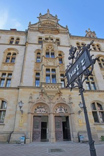 Portal of the historic labour court with sign for justice, court building, inscription, entrance