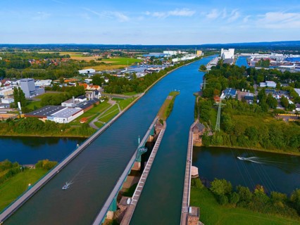 A panoramic view shows a canal with bridges and surrounding city and industrial buildings as well
