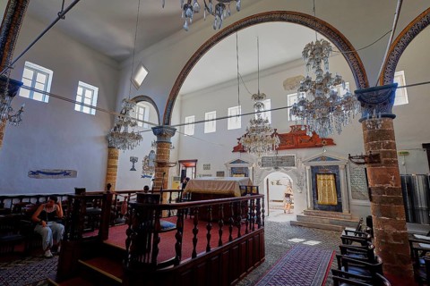 Interior view of a synagogue with chandeliers and decorative arches, Kahal Shalom Synagogue,