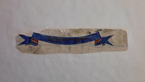 Old blue banner with recognisable details, Kahal Shalom Synagogue, Sephardic Synagogue, Oldest