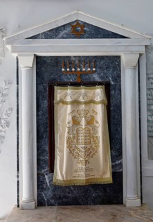 Historic temple decoration with curtain and columns, Kahal Shalom Synagogue, Sephardic Synagogue,