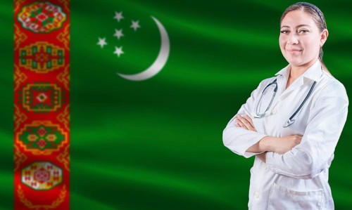 Female doctor on Turkmenistan flag. Doctor with crossed arms on Turkmenistan flag. Turkmenistan