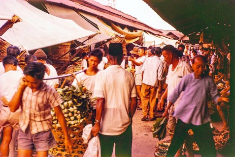 Porters with vegetables people shopping at the old market, Johor Bahru, Johor, Malaya, Malaysia,