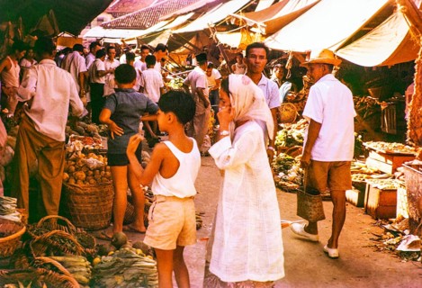 People shopping at vegetable stalls at the old market, Johor Bahru, Johor, Malaya, Malaysia, south