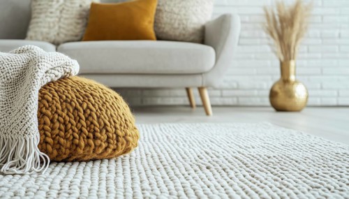 Close-Up Of Carpet, Contemporary Sofa And Gilded Decor With Pillows And Blanket Against White Brick