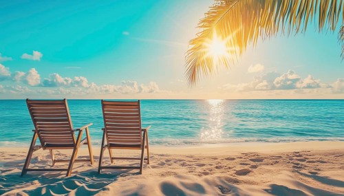 Spectacular Sun-Kissed Beach: Lounge Chairs On Sandy Shoreline. Perfect Getaway For Summer Vacation