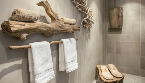 Modern Rustic Bathroom Decor: Hanging Towels And Driftwood Slipper On Natural Wood Hanger For A