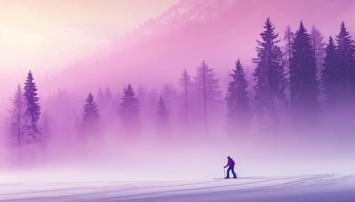 Cross-Country Skiing In Enchanting Misty Landscape: Mountains, Forest In The Violet Haze. Skier