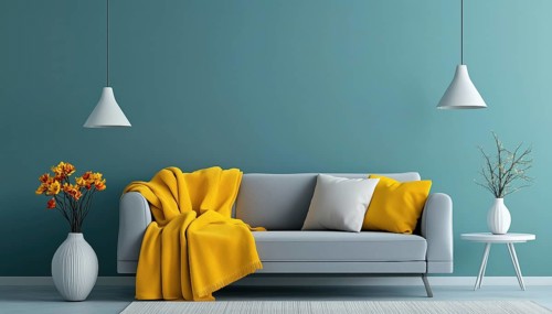Elegant Living Room With Turquoise Wall And Grey Sofa, Brightened By Yellow Blanket, Flowers, And