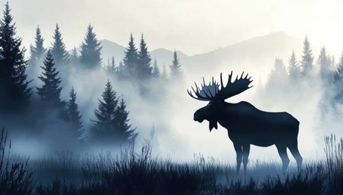 Majestic Moose Silhouette Standing In Meadow Forest - Magical Misty Landscape With Trees, Grass,