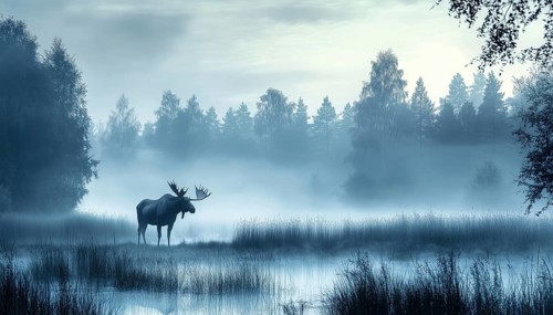 Majestic Moose In Meadow: A Serene Forest Scene With Misty Atmosphere And Blue Hues - Perfect For