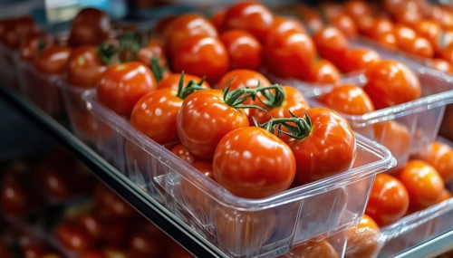 Purchase Fresh Tomatoes In Plastic Container Box: Juicy Red Ripe Tomatoes Displayed On Fridge