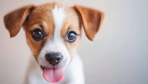 Adorable Jack Russell Puppy Enjoying A Meal With Pink Tongue Sticking Out - Perfect Household