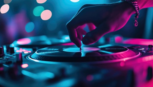 Dj Mixing Hip Hop Tracks On Vinyl Turntables In Nightclub With Blur Motion And Live Music Scene For