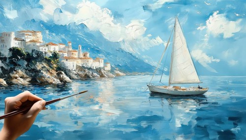 Sailboat In The Sea: Hand Painted Water Sketch Of A Mediterranean Seascape With A Sail Maker
