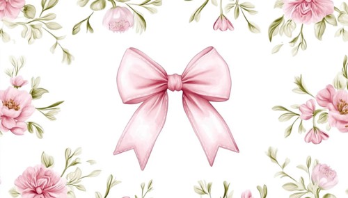 Floral Bouquet And Pink Ribbon Bow On White Background: Classic Elegance Flower Print For Fabric,