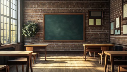 Empty Classroom: Wooden Furniture, Green Blackboard, And Brick Wall Rendering, Without Any Students