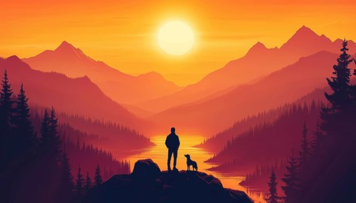 Solo Adventure: Hiking With Dog In Sun-Kissed Mountain Landscape, Enjoying Peaceful Beauty Of