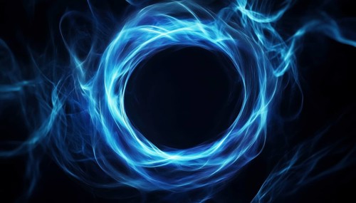 Dynamic Blue Light Circle Swirl On Black: An Abstract Wavy Round Curve Shape In Technology, Neural