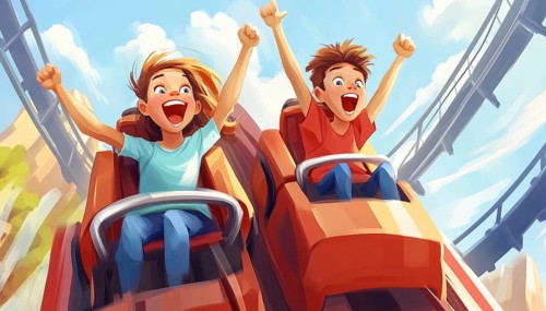 Children Enjoying Rollercoaster Rides. A Boy And A Girl Speeding Through Russian Mountains