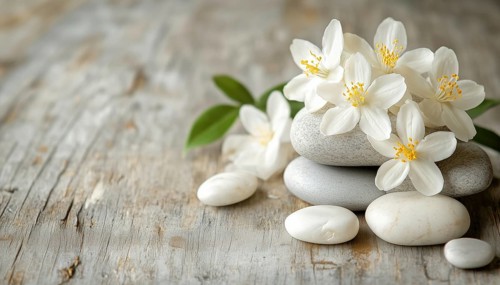 Jasmin Flower And Spa Stones Arranged On A Wooden Table At A Spa Setting. Luxurious And Relaxing