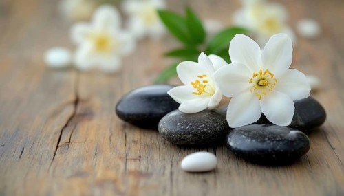 Jasmin Flower And Spa Stones On Wooden Table In A Relaxing Spa Setting. Enhance Your Self-Care