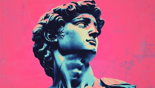 Contemporary Art Collage: Michelangelo'S David Bust Vaporwave Poster In Duotone, Featuring