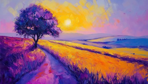 Vibrant Yellow And Purple Sky: Abstract Oil Painting Of Tree, Hill, And Meadow On Canvas With Sun