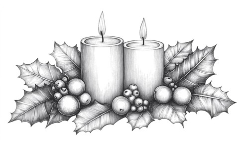 Freehand Pen And Ink Sketch Of Graphic Candles, Holly Berries, And Leaves. Capture The Festive