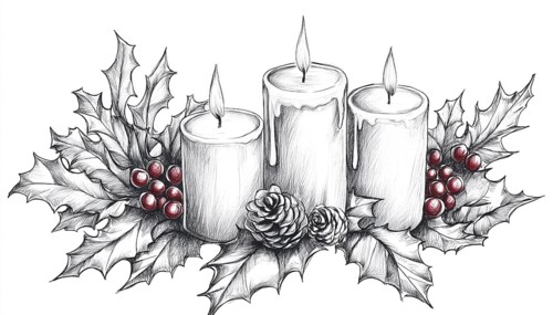 Freehand Pen And Ink Sketch Of Graphic Candles, Holly Berries, And Leaves - Intricate Illustration