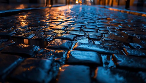 Bottom View Of Wet Cobblestones On A Street Or Road Surface At Night Following Rainfall. Stunning