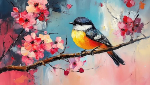 Modern Art Painting Of Bird And Spring Flower In Abstract Full Oil And Acrylic On Canvas. Animal