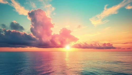 Stunning Cloud Formation Above Ocean Waters During Sunset In A Palette Of Golden, Pink, Blue, And