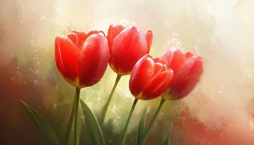 Vintage Painting Of Red Tulip Flowers With Soft And Blurry Details - Featuring A Beautiful