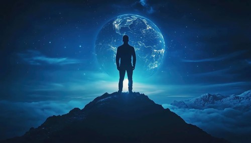 Achieving Success: Businessman'S Silhouette On Mountain Top, Leading In Competition. Standing With