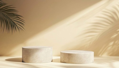 Two Exhibition Podium Stands On Pastel Beige And Grey Stone Pedestals For Premium Product Display