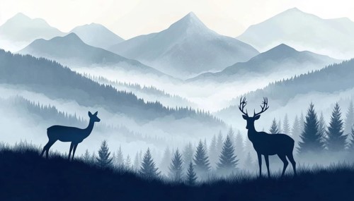Magical Misty Landscape: Deer, Doe, And Fawn Silhouette Standing In Hill With Forest And Mountains,