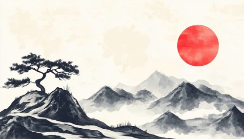 Oriental Landscape With Mountain, Tree, Red Sun, And Cloud In Japanese Art Style: Perfect For