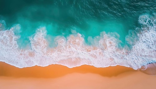Sandy Beach And Ocean Nature: A Tranquil Aerial View Of Waves And Turquoise Water. Serene Summer