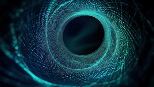 Abstract Blue Green Light Weaving Pattern In Circular Shape On Black In Technology, Science, Music,