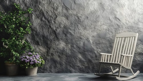Gray Stone Wall With Niche, Rocking Chair, And Flower Detail: Perfect Home Decoration For A Cozy