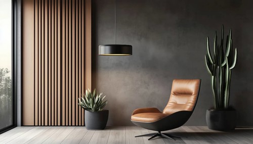 Modern Wooden Divider Separates Gray Wall From Modern Pendant Lamp, Cactus, Leather Chair, And