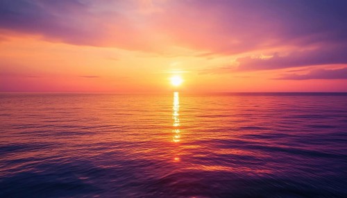 Tranquil Sunset: Inspiring Ocean Horizon With Orange, Gold, And Purple Skies Reflecting On Calm