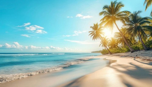 Tranquil Summer Getaway: Stunning Sun-Kissed Panoramic Beach Paradise With Palm Trees, Calm Seas,
