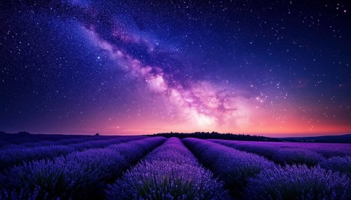 Stunning Night Landscape: Milky Way Sky Over Blooming Lavender Meadow, Captivating Spring And