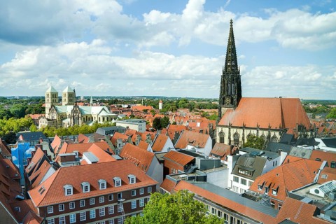 Aerial view, old town with St Paul's Cathedral and St Lambert's Catholic Church, Münster, North