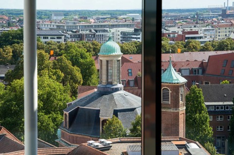 Baroque Clemenskirche church built by Johann Conrad Schlaun, aerial view from Café lounge 1648,
