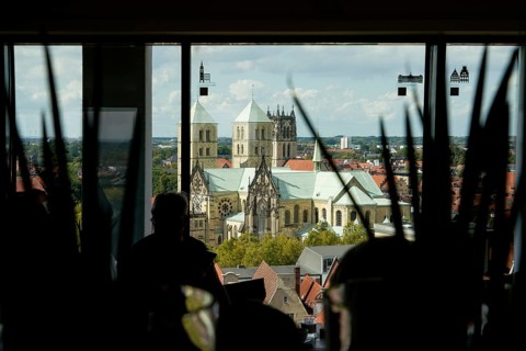 Aerial view, old town with St Paul's Cathedral and St Lambert's Catholic Church, Münster, North