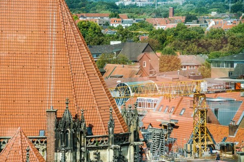 Aerial view, construction site near Sankt Lamberti, St Lambert's Catholic Church, Münster, North
